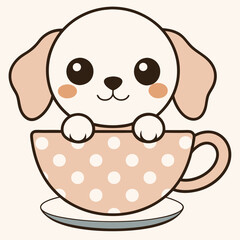 puppy sitting in a teacup with a polka dot pattern. The puppy should have large, round eyes and a cute smile silhouette vector art illustration