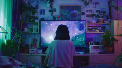 A room at night, illuminated by the glow of a computer screen,A person sitting in front of a computer, an atmosphere of calm and immersion in the digital universe. a cozy and individual space for work