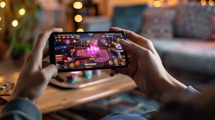 smartphone in hand, the screen displays a lively online casino interface with spinning game reels, poker tables and colorful chips. The background is slightly blurred, the cozy ambience.