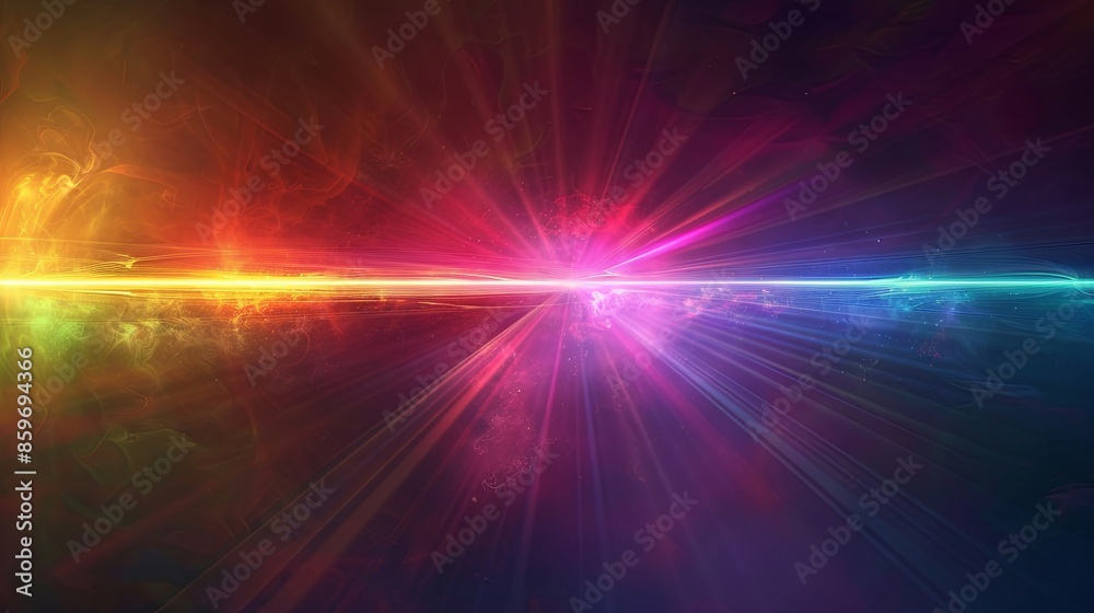 Poster Ethereal vibrant light beam travels dark void, transitioning through colors visible spectrum