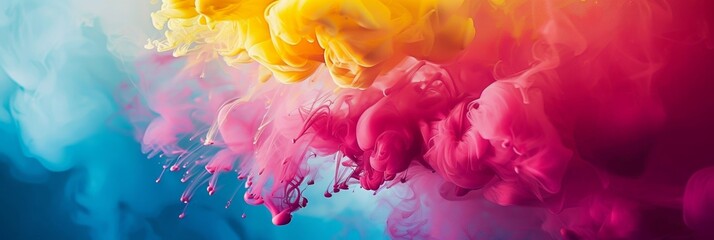 Obraz premium Abstract Peony Pink, Solar Yellow, and Cerulean Blue Ink Swirls in Water