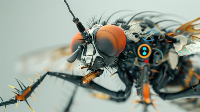 Closeup of a robotic robber fly equipped with sensors for environmental analysis