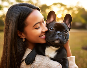 close up portrait of Asian young woman hugging black French Bulldog, emotional support animal concept, copy space