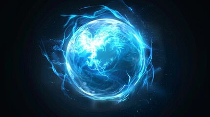 Glowing blue orb swirls with magical energy in a dark fantasy settin