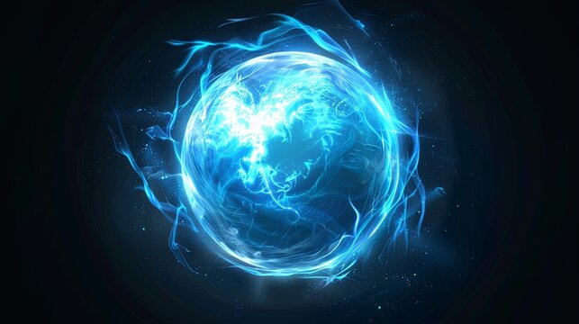 Glowing blue orb swirls with magical energy in a dark fantasy settin