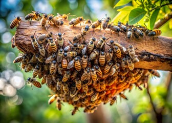 Obraz premium Honey Bees Swarm On A Tree Branch In Search Of A New Home.