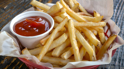 A basket of french fries with a side of ketchup
