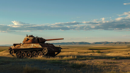 Fototapeta premium An old, rusty tank sits in a wide, open field with mountains in the distance and clouds scattered across the blue sky.