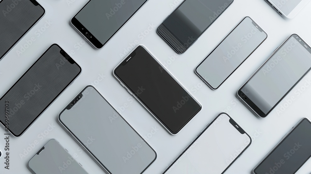 Poster a flat lay of several modern smartphones arranged at different angles on a white background. generat