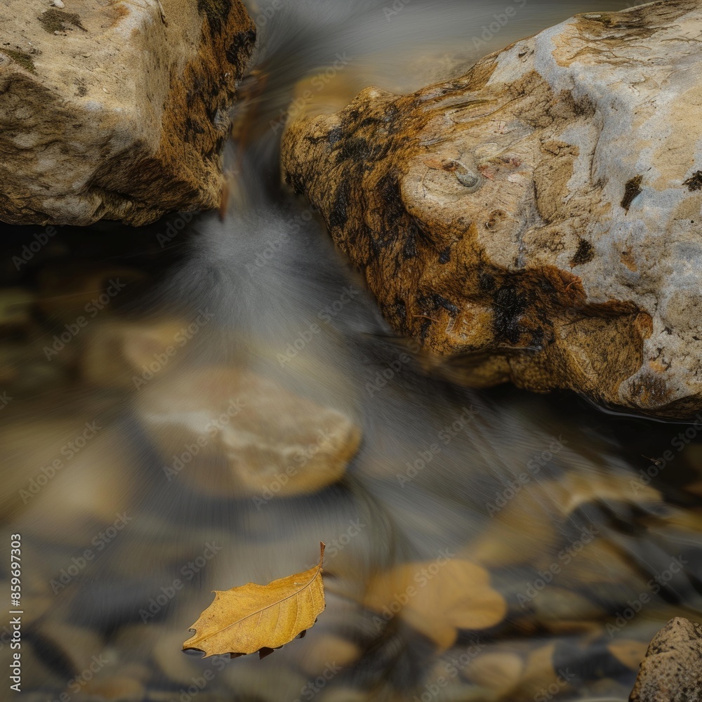 Sticker A leaf is floating in a stream of water