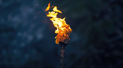 A torch with a wooden handle burns brightly, the flame flickers against a dark and blurry background.