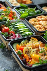 vegetables and salads in plastic containers. Selective focus