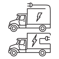 Electric plug in truck icon.Electric truck.Eco power.Green energy.Mobile filling station.Eco power vehicle transport.Electric vehicle power charging.Cargo car shipping and logistics.Outline vector.