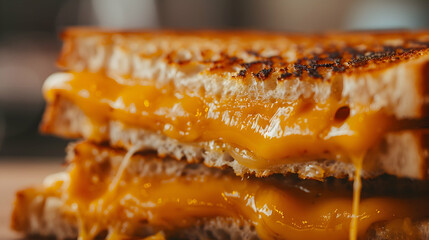 A close-up shot of a grilled cheese sandwich being cut, highlighting the melted cheese and crispy bread
