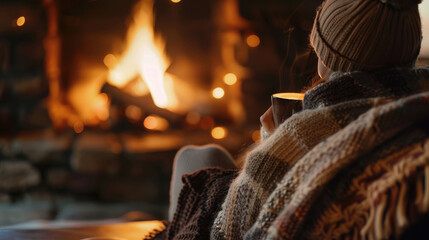 A person wrapped in a cozy blanket and wearing a beanie hat enjoys a warm drink while sitting by a glowing fireplace.