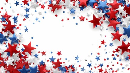  Red, White, and Blue Stars Confetti Border on Transparent Background with Center Copy Space for USA National Holiday Celebration