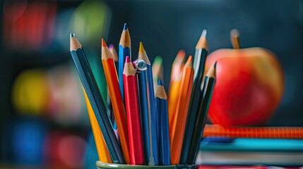 School desk with school accessories and gloss on a school blackboard background.