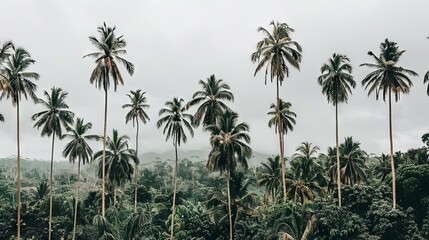 Landscape with tall palm trees against the backdrop of a cloudy sky and green forest.