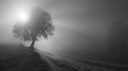 Obraz premium A bright sun shines through a tree in a foggy field, casting long shadows. The photo is in black and white, creating a mysterious atmosphere.