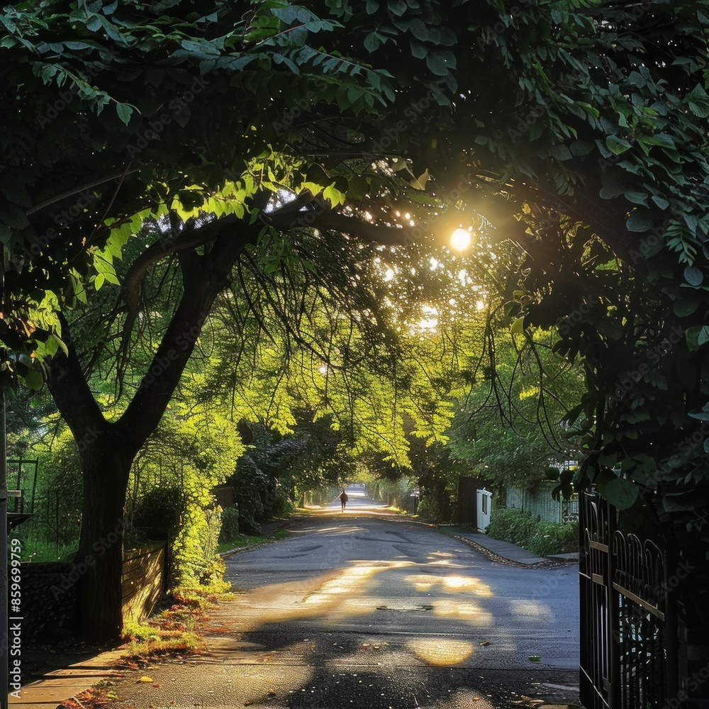 Canvas Prints A tree-lined street with a fence on the right side