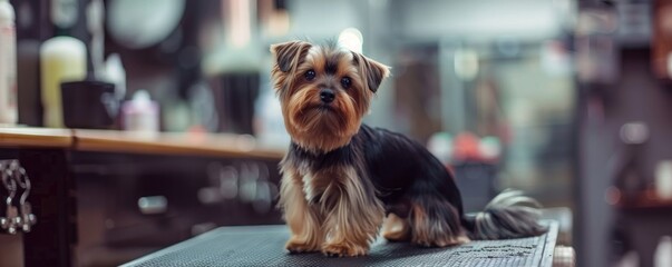 Adorable Yorkshire Terrier dog after a haircut, sitting on a table in a grooming salon. This cute pet portrait is perfect for themes related to pets, grooming, and animal care. Free copy space.