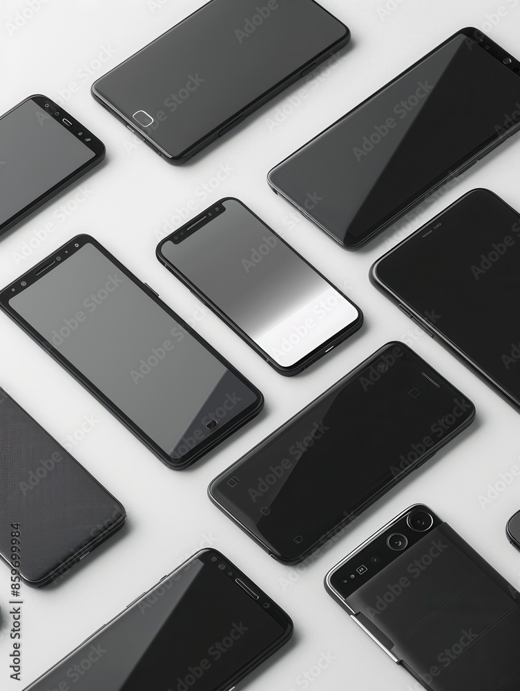 Poster a close-up view of multiple smartphones arranged at different angles on a white surface. the image i