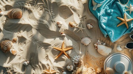 sand beach shells glasses hat top view. Selective focus