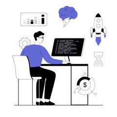 Startup business concept. Man planning strategy, finding idea, launching startup project. Vector illustration with line people for web design.