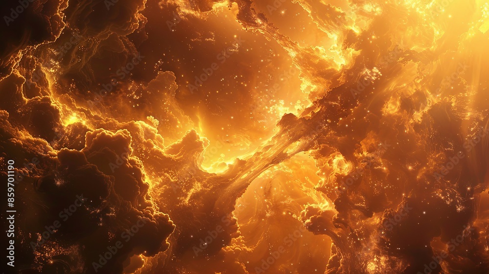 Poster Digital chaotic universe filled with thousands miles swirling clouds an flames, fiery dynamic scene