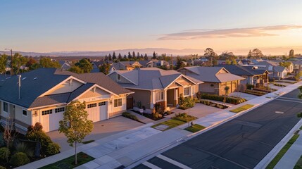 From above, a Craftsman style house in sandy beige and the surrounding suburban streets captured under the tranquil light of dawn, all empty and peaceful.