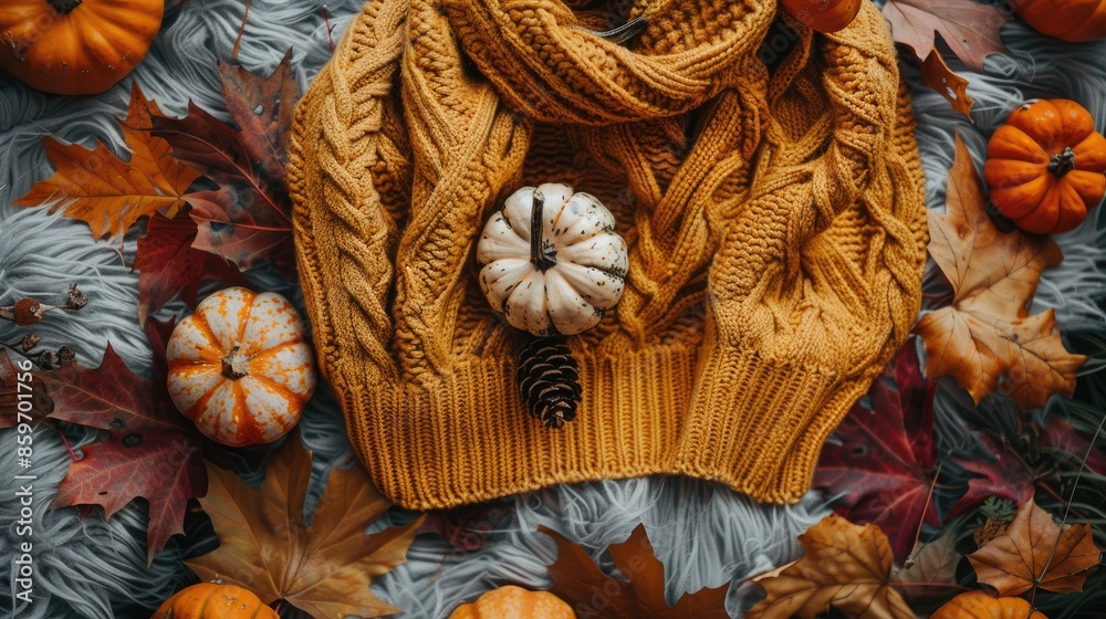 Wall mural autumn flat lay of wool sweater pumpkins and dry leaves