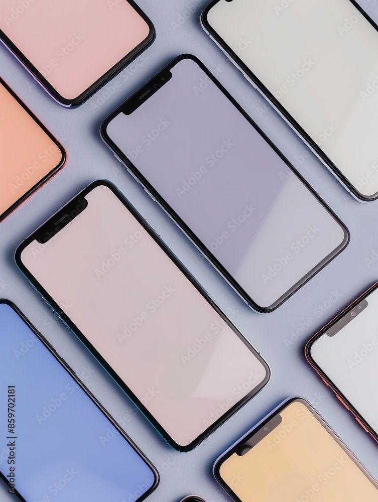 Leinwandbilder A flat lay image of several modern smartphones arranged in different angles on a blue background. Generative AI