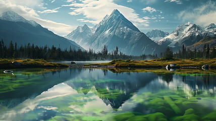 Majestic mountain peak reflects in tranquil pond, AI Generative.