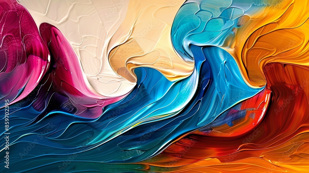 Poster Abstract painting with vibrant colors and textured waves, creating a modern and futuristic pattern