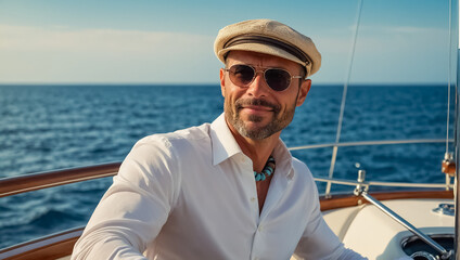 Smiling man on a yacht in summer voyage