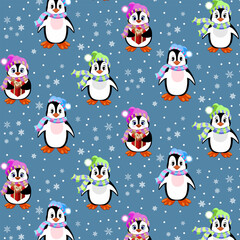 Vector pattern with penguins.Cheerful penguins and snowflakes on a colored background in a vector pattern.