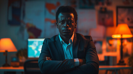 Fototapeta premium Serious businessman in suit seated in office with ambient blue lighting.