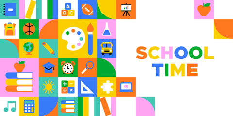 Colorful back to school geometric mosaic web banner. Modern flat education cartoon icon background, fun study concept illustration. Children stationery template, college subject symbol design.