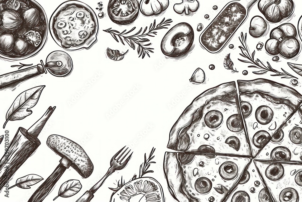 Wall mural Pizza Pattern. Pizza Background. Pizza Wallpaper. Pizza background. Black line pizza pattern on white background. Pattern with pizza design elements. Pizza Background in Doodle Style. - Wall murals