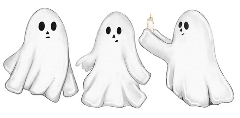 Set of watercolor illustration of a cute ghost for Halloween 