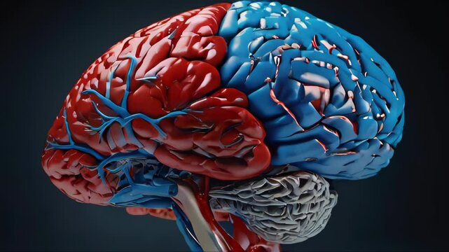 A brain with red and blue parts