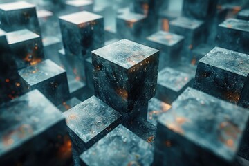 A stunning display of metallic geometric cubes adorned with glowing particles creating an immersive and mystical futuristic atmosphere seemingly frozen in time.