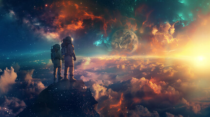 Fototapeta premium Two astronauts stand at the edge of a spaceship, gazing at a breathtaking cosmic vista filled with vibrant nebulae and planets above the clouds of an Earth-like planet 