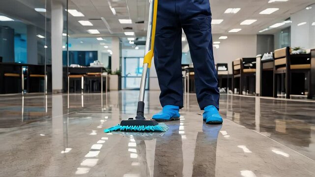 Cleaning staff is wiping cloth with cleaner and disinfectant on the surface of floor