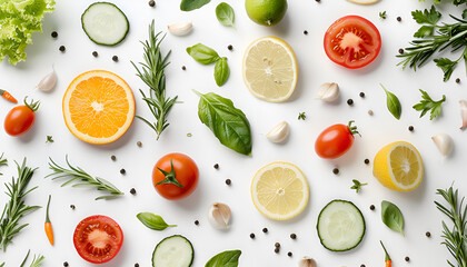 Creative layout made of green peas, cabbage, sweet potato, avocado, tomato, onion, beetroot, pepper, aubergine, artichoke, broccoli and cucumber on the white background.. Flat lay. Food concept