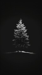 Dark wallpaper featuring a lone, small, white pine tree silhouette. ,Dark Color light ,vectorline design , illustration , Mobile Wallpaper