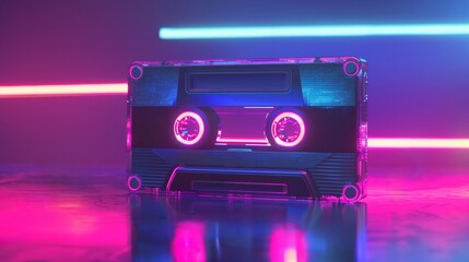 neon glowing cassette tape with background