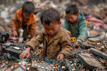 A boy is playing with a pile of electronic waste