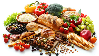 Bread, cheese, pasta and fish, meat, pepper and salad, isolated on white background. Balanced diet, set of healthy meal, food blog and delivery service of grocery products