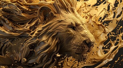Lion 3D relief in golden splashes wallpaper. Golden lion head background mural. High quality AI generated image